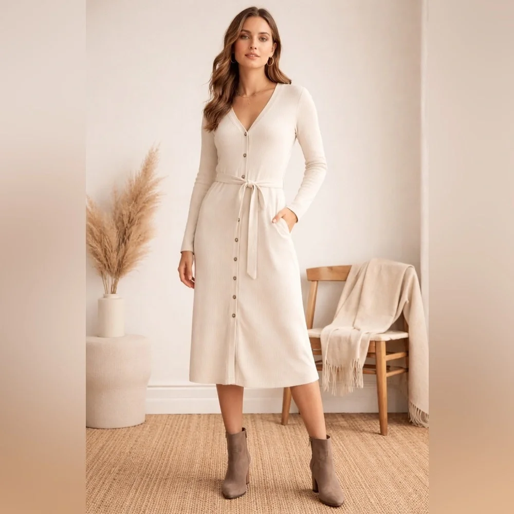 Banana Republic Ribbed Button-Front Tie Waist Sweater Dress/Cardigan – Sz M - Picture 2 of 11